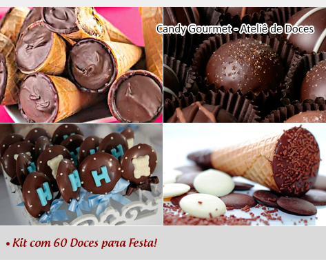 Kit com 60 Deliciosos Doces Diferenciados para sua Festa: 20 Bombons de Chocolate ao Leite + 20 Mini Cones Trufados + 20 Pirulitos de Chocolate! De R$90,00 por R$39,90!!!