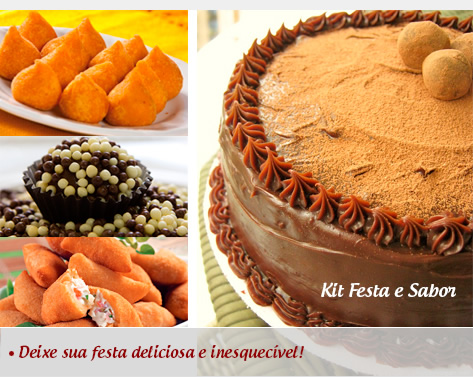 Kit Festa e Sabor: Bolo de 2 Kg + 300 Salgadinhos Fritos + 200 Docinhos. De R$265,00 por APENAS R$125,00!!!