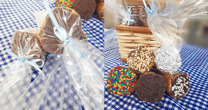 30 Mini Cones Recheados com Cobertura de Chocolate ao Leite e Diversas opes de Decorao, Embalados em Celofane por APENAS R$36,90!